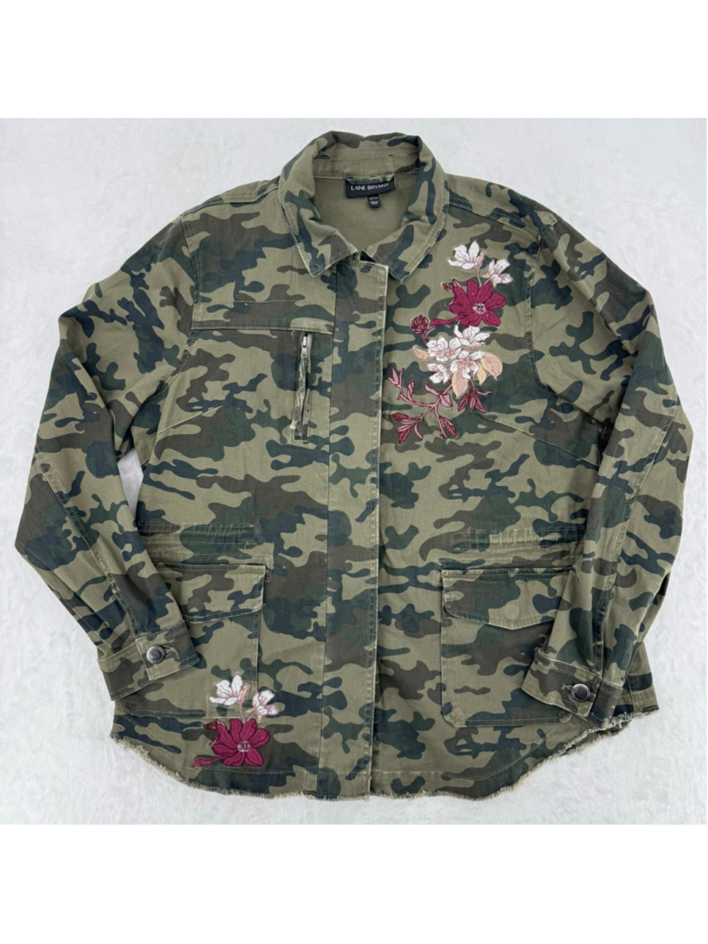 Camo Military Jacket Embroidered Flowers Utility Festival Lane Bryant Size 14/16